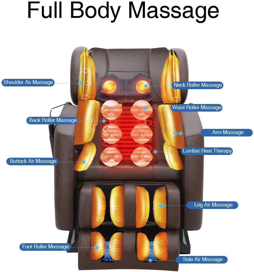 Shiatsu Full Body Electric Massage Chair Built-in Bluetooth for Shoulders, Arms, Back, Waist, Buttocks, Legs and Feet  Brown