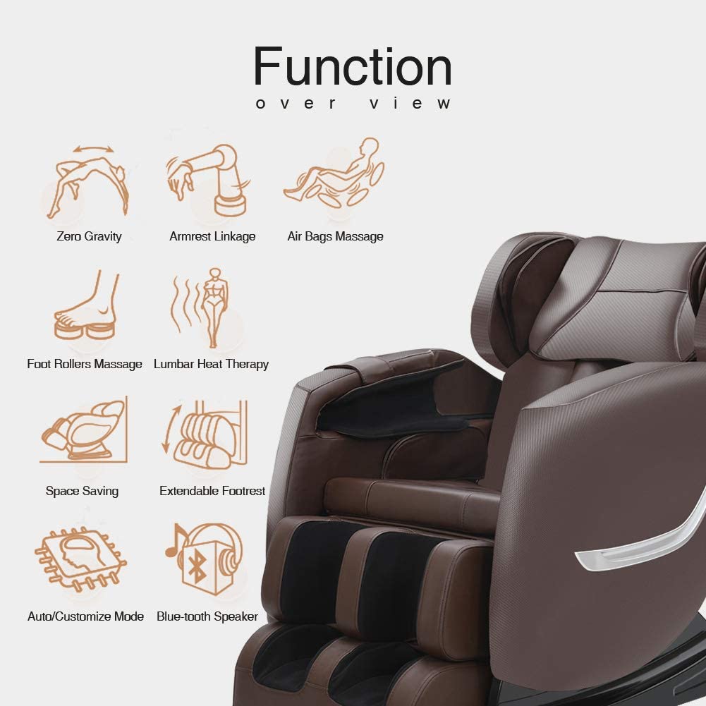 Shiatsu Full Body Electric Massage Chair Built-in Bluetooth for Shoulders, Arms, Back, Waist, Buttocks, Legs and Feet  Brown